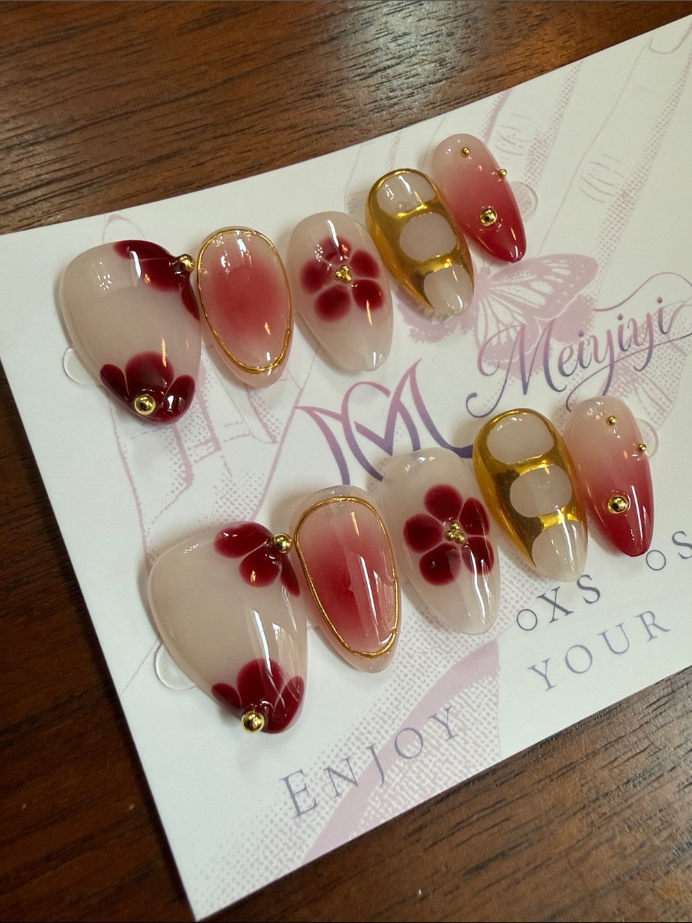 Hand-Painted Floral Press-On Nails in Red, Cream & Gold